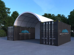 20x20ft 6mx6m container dome shelter with end wall. 3D render 45 degree angle