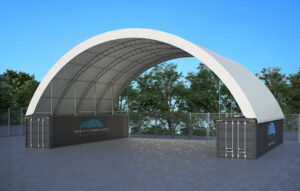 DT6040 60 foot by 40 foot shipping container dome shelter double truss
