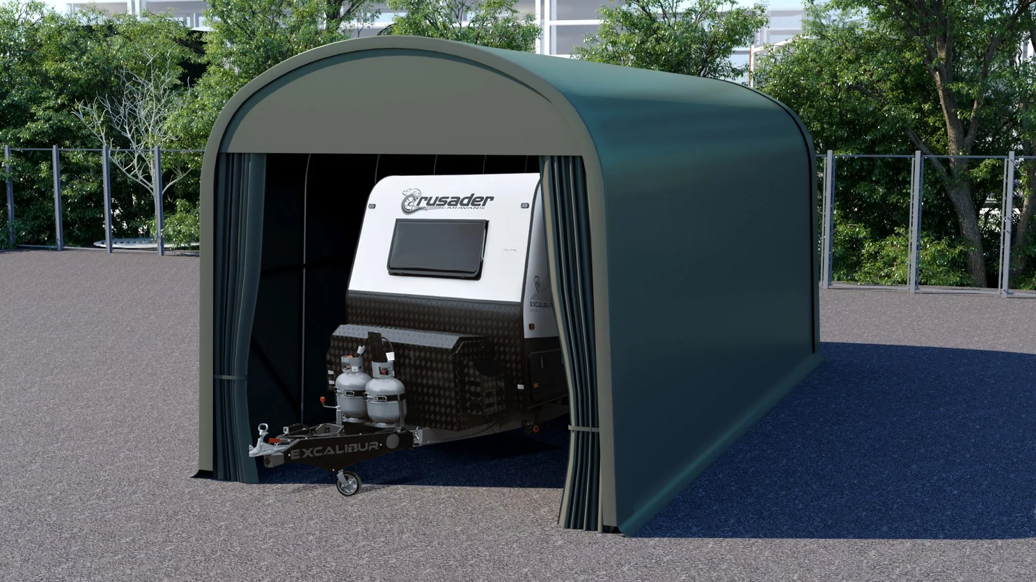 caravan shelter green cover with caravan inside