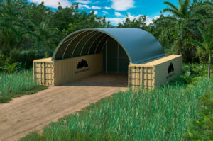 20x20ft shipping container dome shelter - green roof with end wall