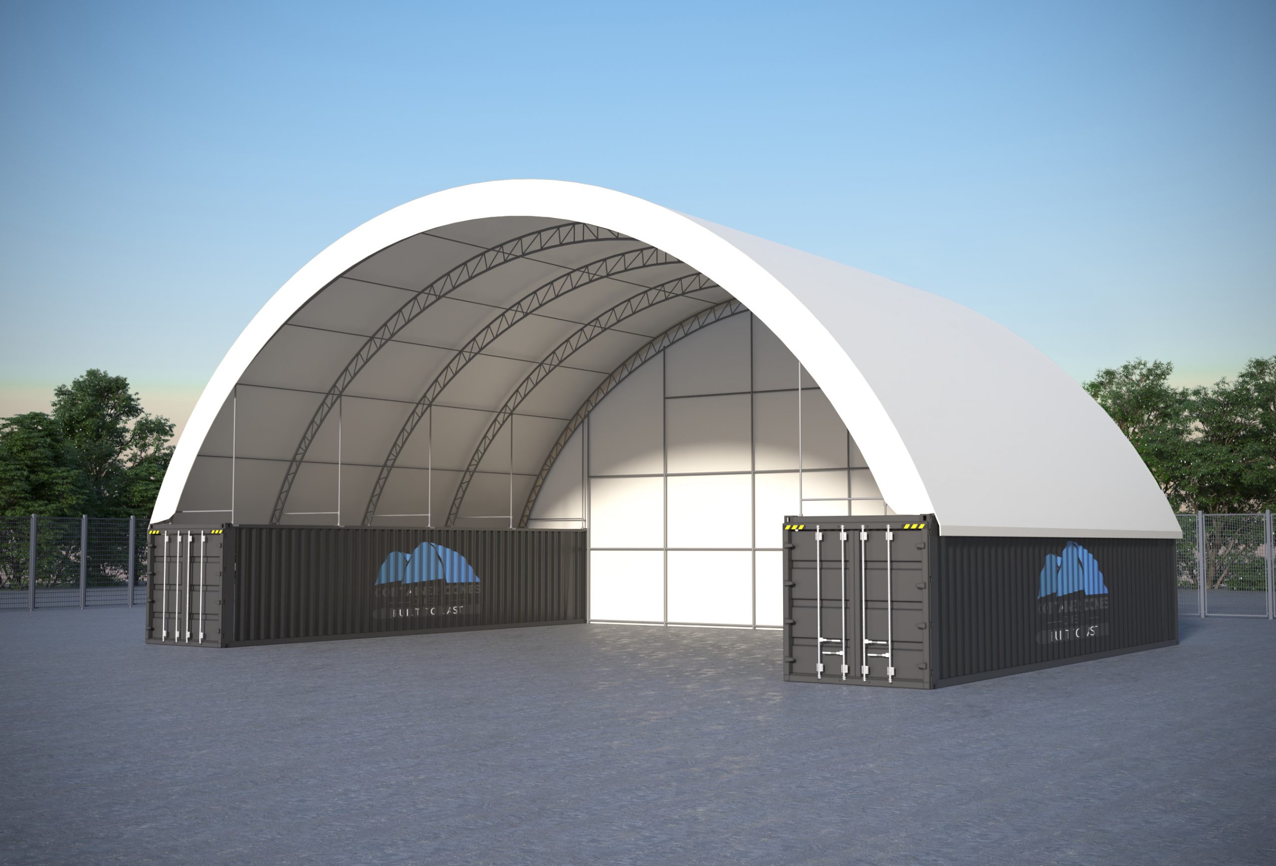 40 foot container dome shelter. Double truss design, with end wall for added weatherproofing.
