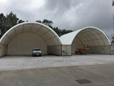 huge container dome shelters with ute and scissor lift inside